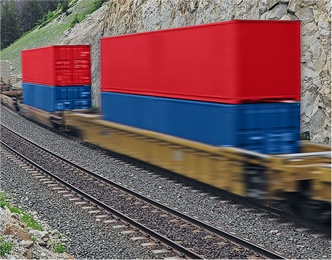 Red and blue intermodal containers on train